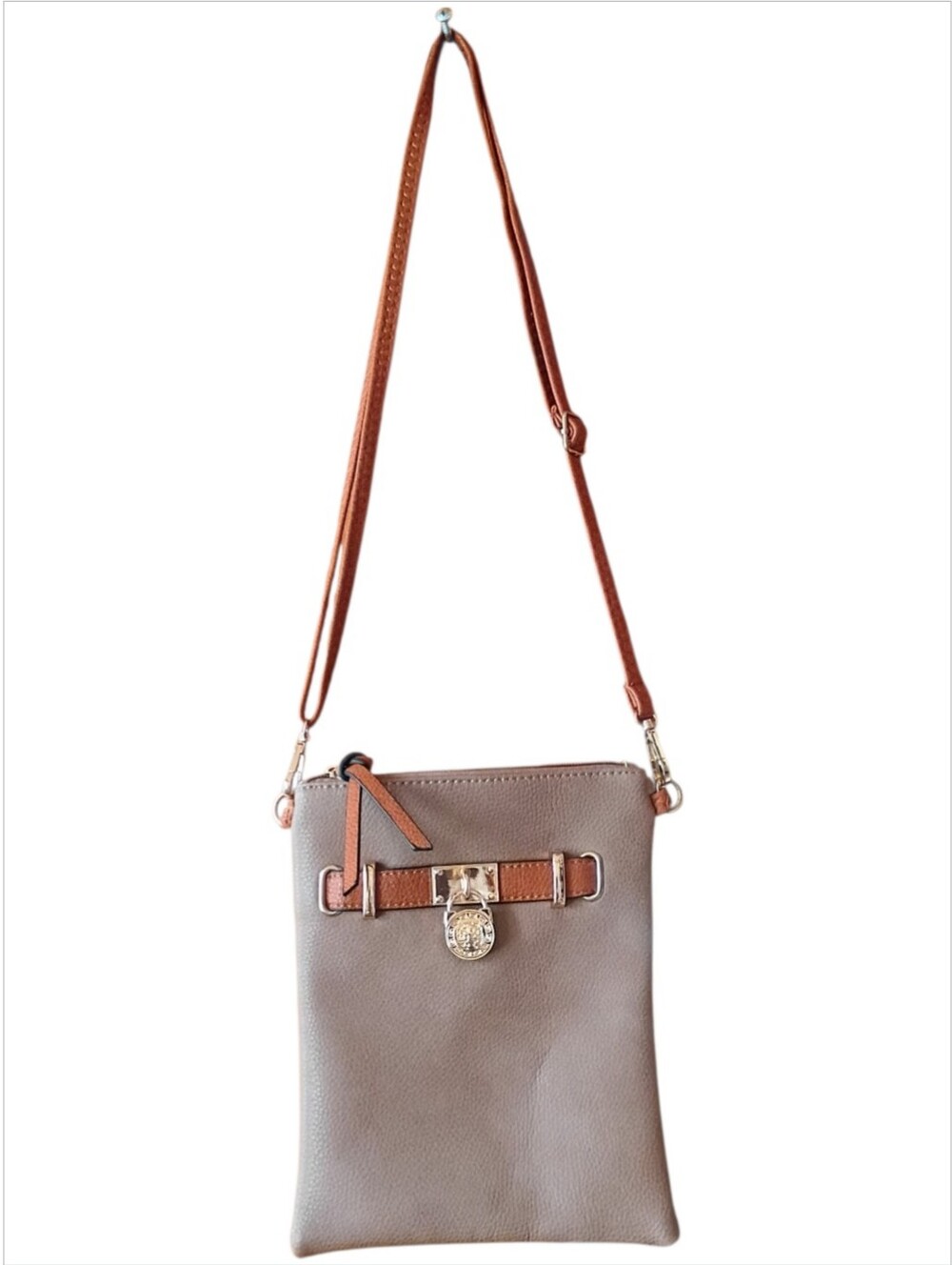Crossbody Purse Tan Brown Gold Details Small Faux Leather 7W x 9H